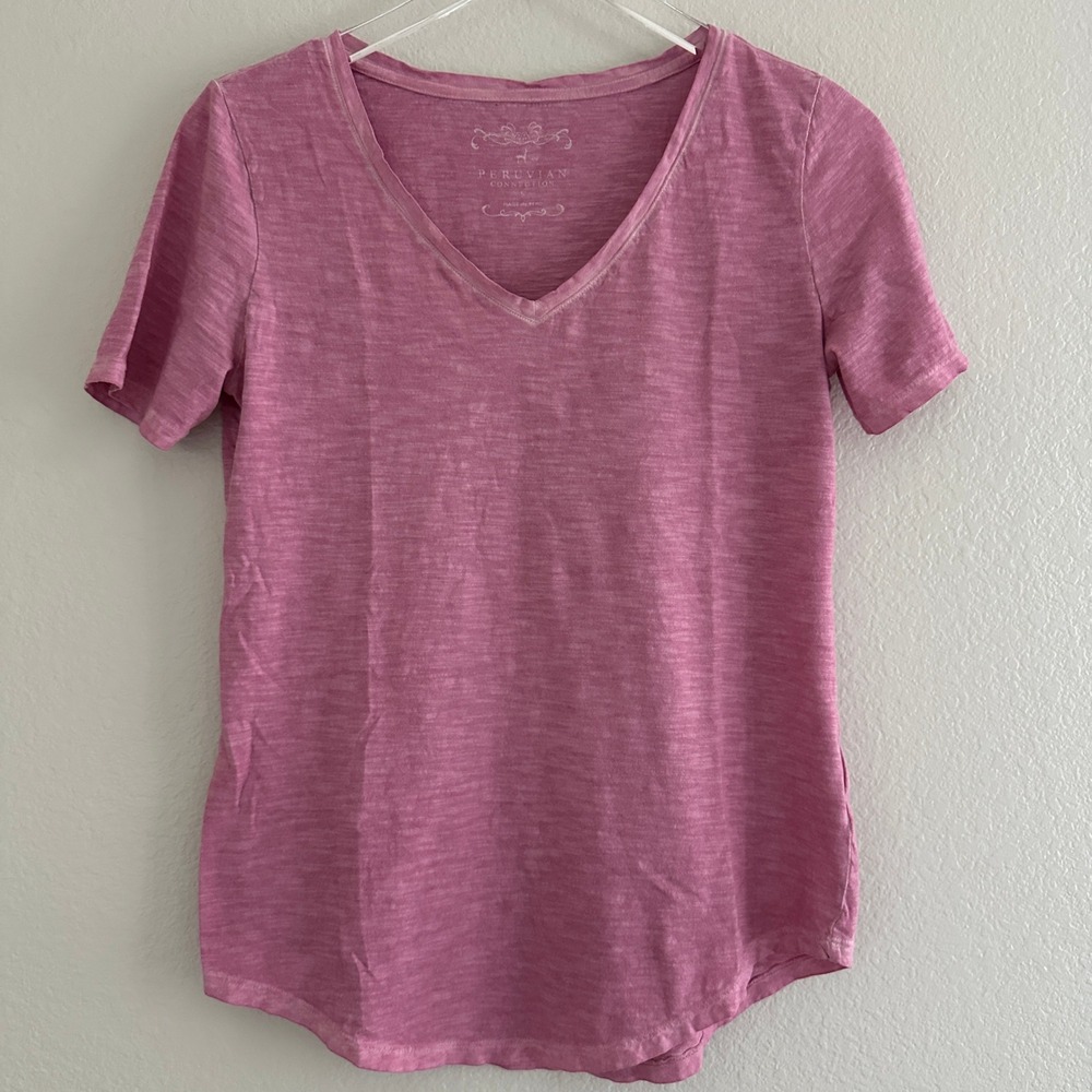 Peruvian Connection V-Neck T-Shirt Women S Pink Slub Cotton Short Sleeve